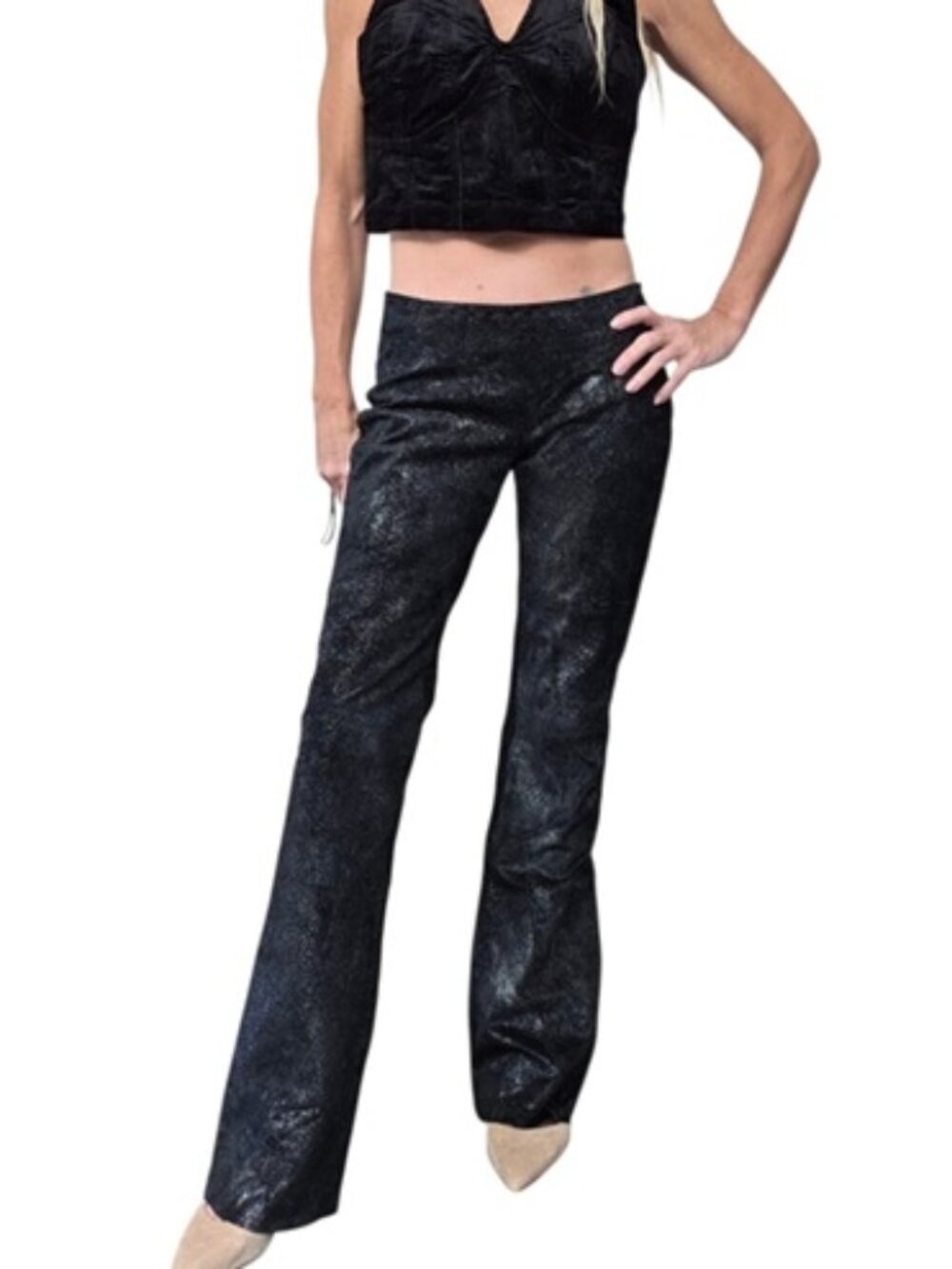 bebe Y2K Black Metallic Genuine Leather Flare Pants 4 Shimmer